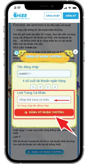 Bước 3: Nhập link trang FB cá nhân → Đăng ký nhận thưởng → Chờ hệ thống kiểm tra và xét duyệt.